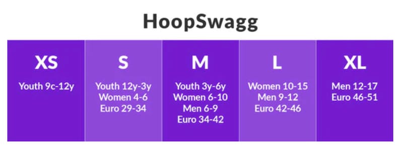 Puede incluir: Gr&aacute;fico morado con el texto "HoopSwagg" en la parte superior. El gr&aacute;fico muestra conversiones de tallas para j&oacute;venes, mujeres y hombres en tallas de EE. UU. y europeas. Las tallas son XS, S, M, L y XL.