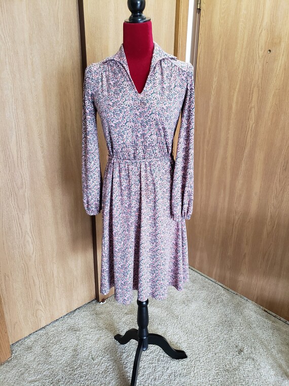 Vintage Polyester Peasant Dress 1970s Pink/Purple