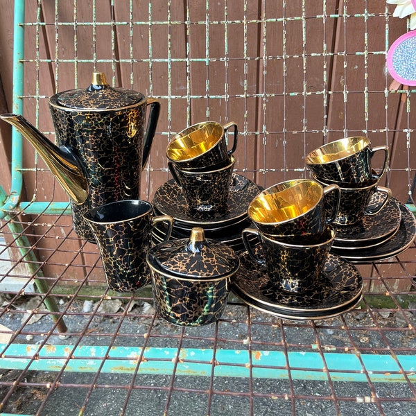 Coffee Set Coffee Pot Cups and Saucer, Side Plate, Cream Sugar Poland Chodziez Gold Lustre Lustreware