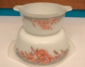 Set of 2 Indopal Salmon Pink Floral Print 2 Casserole Dishes Retro Indonesia Vintage Milk Glass