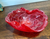 Ashtray Ash tray Red Glass Trinket Dish Ring Candy Dish Ruby Red Glass White Swirls Art Glass Vintage Hand made Hand Blown