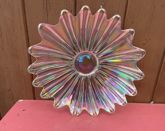 Federal Glass Iridescent Carnival Glass Starburst Atomic &quot;Celestial&quot; Floral Tidbit Sandwich Tray Dish, Ribbed Vintage 50s 11”