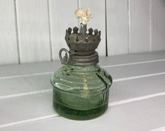 Lamp, Kerosene, Oil, Antique, Small, Hand, Base, Hand Blown, Vintage, Wick, Glass