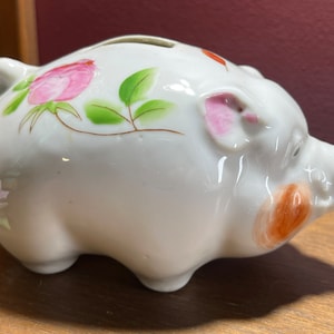 Pig Piggy Bank Vintage Porcelain Japan Vintage hand painted Flowers