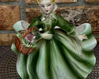 Vintage Japan Girl Figurine Planter: Dress, Basket, Flowers