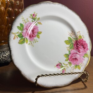 7” Plate Royal Albert American Beauty Dessert Plate Vintage Gold trim Floral Pink Rose Flower Bone China