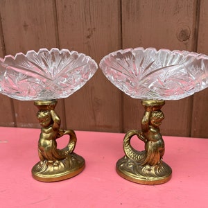 Compote Candy Dish Set of 2 Cherub Crystal Pedestal Mermaid Buzzsaw Sawtooth
