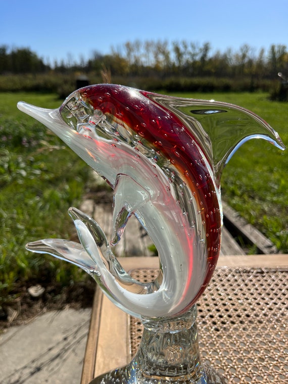 Bulicante Murano Glass Dolphin Sculpture: Red/orange Venetian Art