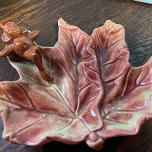 Pixie, Candy Dish, Ceramic, Elf,  Gnome, Mid Century, California Pottery, USA, Vintage, Ring Dish, Catch All, Leaf, Maple Leaf, Glaze