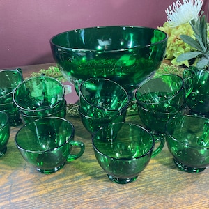 Vintage Anchor Hocking Forest Green Punch Bowl Set: Mid-Century Barware