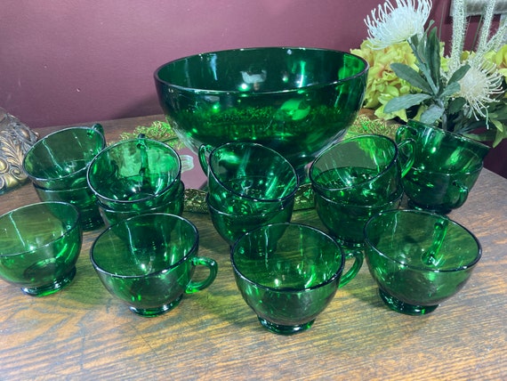 Vintage Anchor Hocking Forest Green Punch Bowl Set: Mid-century