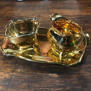 Royal Winton Grimwades Golden Age Creamer and Sugar Tray Set Gold Lustre Vintage 40s
