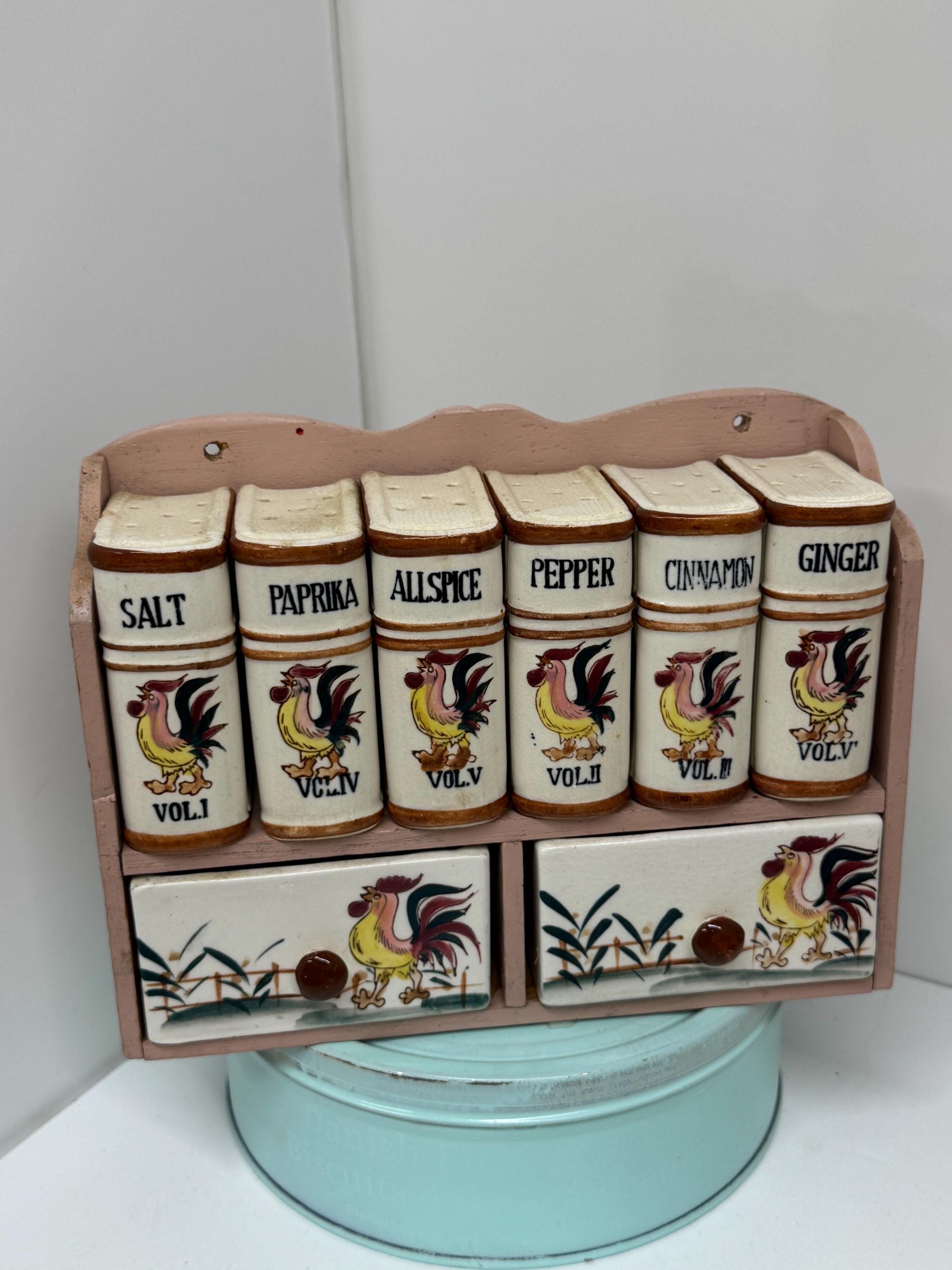 Vintage Rooster Spice Set With Rack, 6 Shakers, Japan Drawers - Etsy