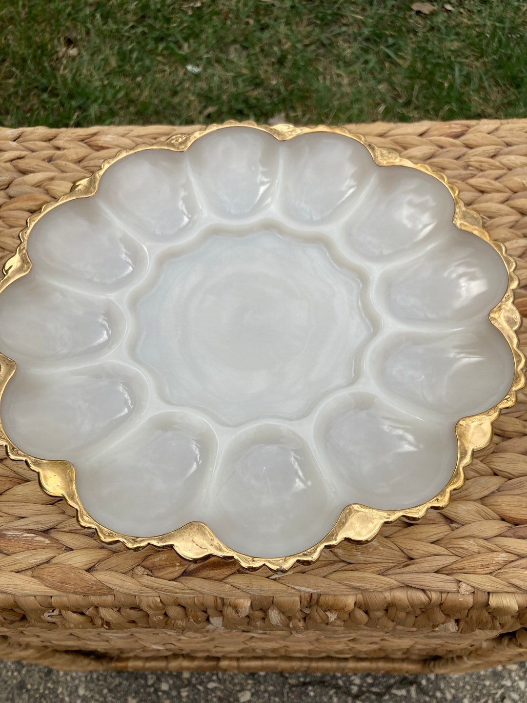 Devilled Egg Platter Anchor Hocking Milk Glass Deviled Egg Etsy