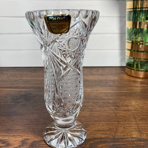 Vase, Crystal, Lead, Poland, Flower, Footed, Vintage, 60s, Star, Hand cut, Fluted