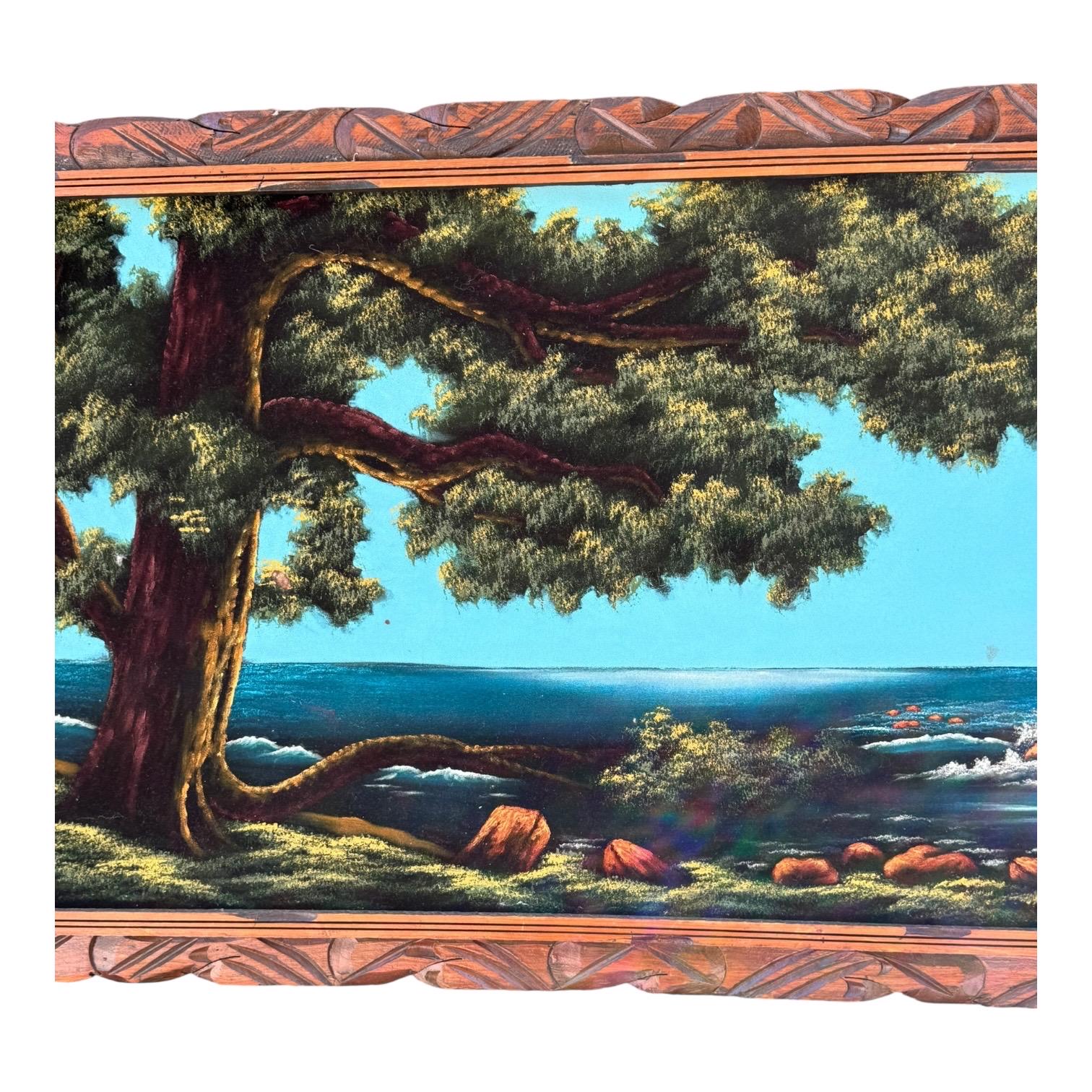 Vintage Mexican Velvet Painting: Blue Ocean Lake Scene, Wood Frame