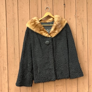 ブラック ラムウール ミンク コート ジャケット レディース S M ヴィンテージ ファッション ミッドセンチュリー ショートジャケット