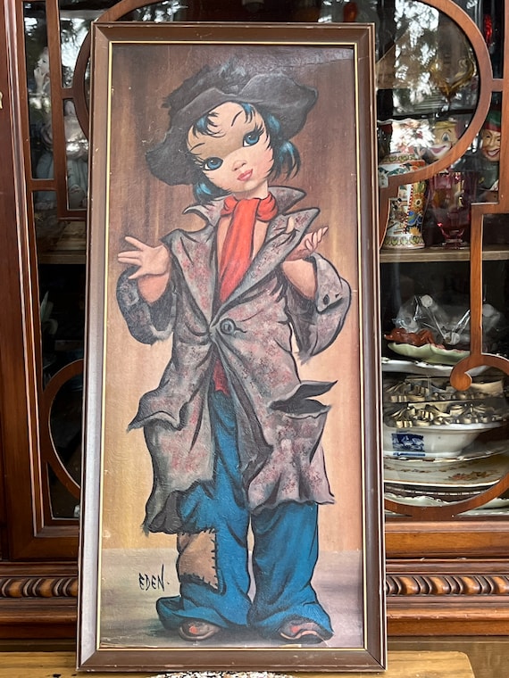 Vintage 1960s Big Eye Girl Framed Art: Eden Moppet Series MCM