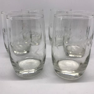 Etched water glasses by Dominion Glass Co. Water Tumblers Vine and Leaf Pattern Vintage Rounded bottom