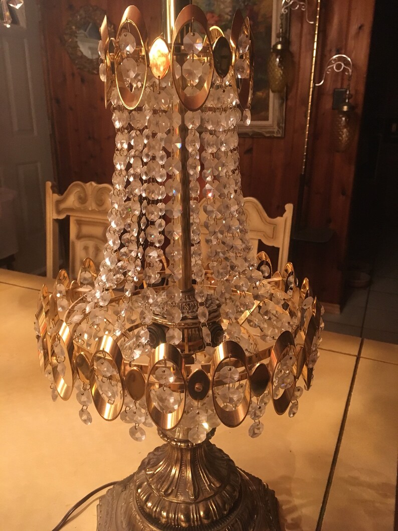 Loevsky Crystal Lamp Antique Brass Base Vintage Prism Hollywood Regency