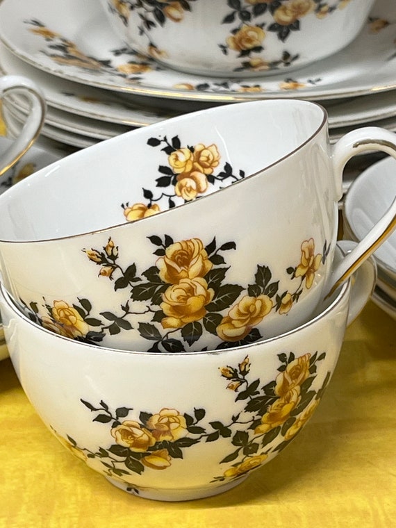Vintage Victoria Czechoslovakia Dinner Set: Yellow Floral Teacups