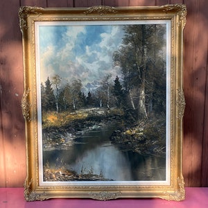 Vintage Forest Stream Print in Ornate Gold Frame: Mid-Century Modern Art
