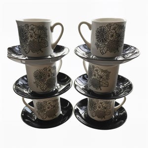 6 Sets, Tea Cup, Saucer, Grindley, Manitou , tea set,  Black-&-white,  flowers, solid black saucer, Vintage, MCM, Retro, Floral, Flower