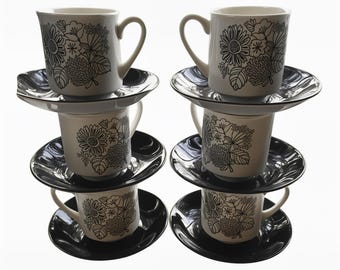 6 Sets, Tea Cup, Saucer, Grindley, Manitou , tea set,  Black-&-white,  flowers, solid black saucer, Vintage, MCM, Retro, Floral, Flower