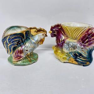 Planter  Hen Chicken  Bird  Set of 2 Ceramic Glaze MCM Figurine Statue Vintage Rooster Farmhouse Kitchen Decor Collectible