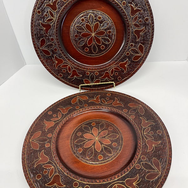 Hand Carved Decorative Plate, Poland, Folk Art, Handmade, Wood Carvings, Wall Decor, European, Leaves Berries Vintage Set of 2