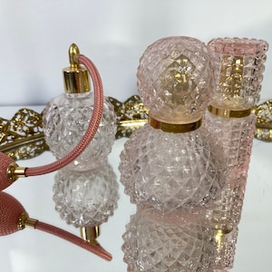 Perfume bottle, Set of 3, Atomizer, Glass, Spray, Scent, Vanity Set, Boudoir, atomizer, Tassel, Hollywood Regency, Perfume