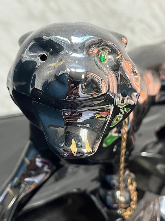 Vintage Art Deco Black Panther Planter: Green Eye Ceramic Cat With