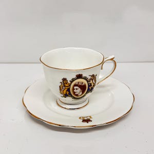 Teacup, Tea cup and Plate Queen,  Elizabeth II, Coronation, Royal, Collectible, HM, Commemorative, Vintage, 1953, Royal Albert