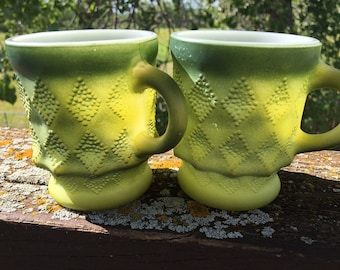 Vintage Fire King Kimberly Mugs - Green Diamond Glass Set of 2