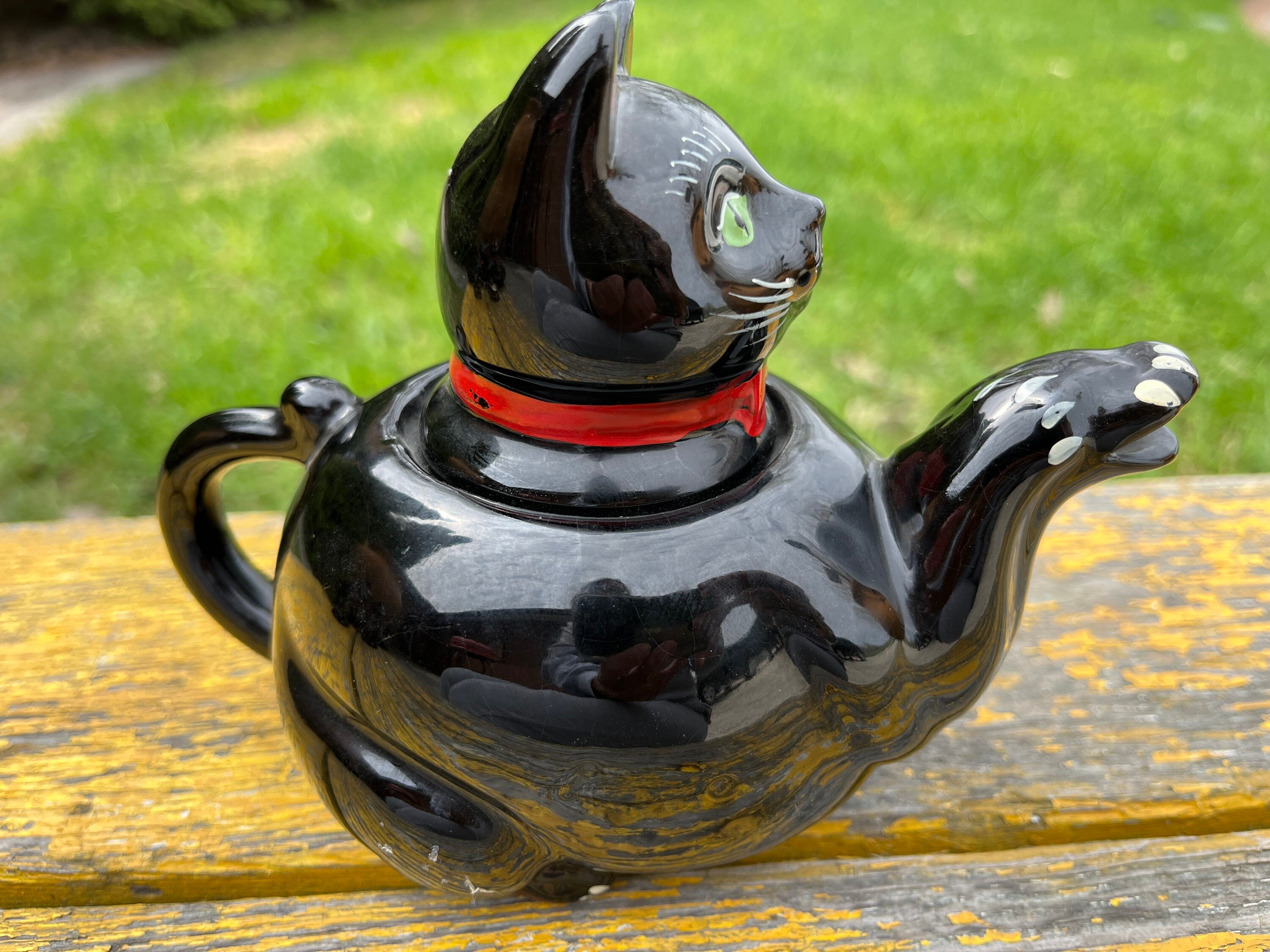 REDWARE CAT Teapotblack Redware Potteryblack Catyellow 