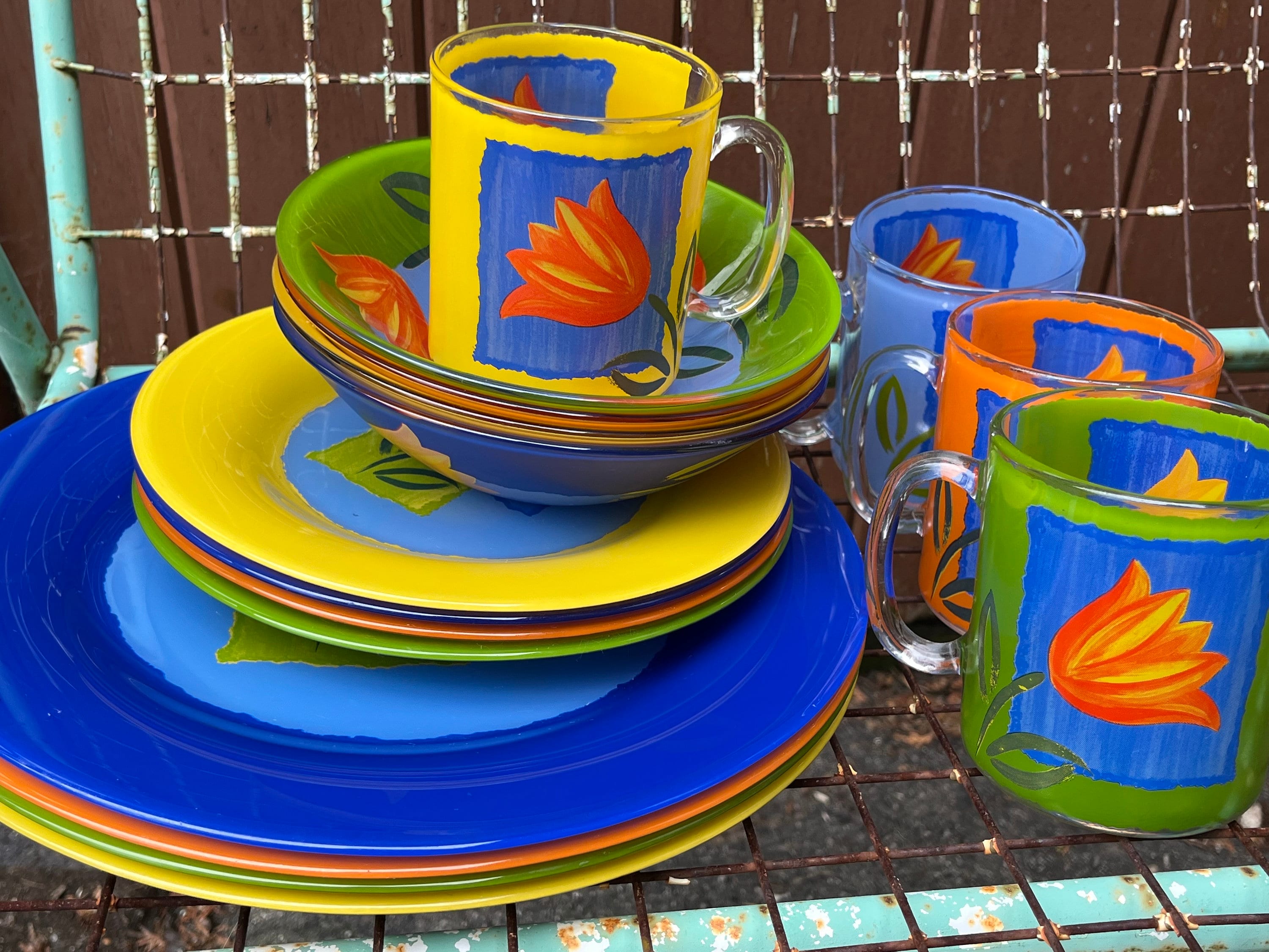 SALVIATI & Co葉っぱ型ガラス皿オレンジ 紫 2点MADE ITALY Arcoroc Matys Glass Dishes Tableware Flower Tulip France Vintage