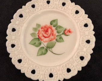 Vintage Kemple Milk Glass Lacy Heart Pattern Plate, 1940s Depression Glass Era, Collectible Plate, Kitchen, Home Decor Hand Painted Flower