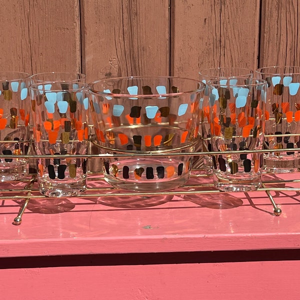 MCM Federal Glass Atomic Glasses Ice Bucket Vintage Glass Tumblers Barware Set Caddy Holder Cocktail Beverage