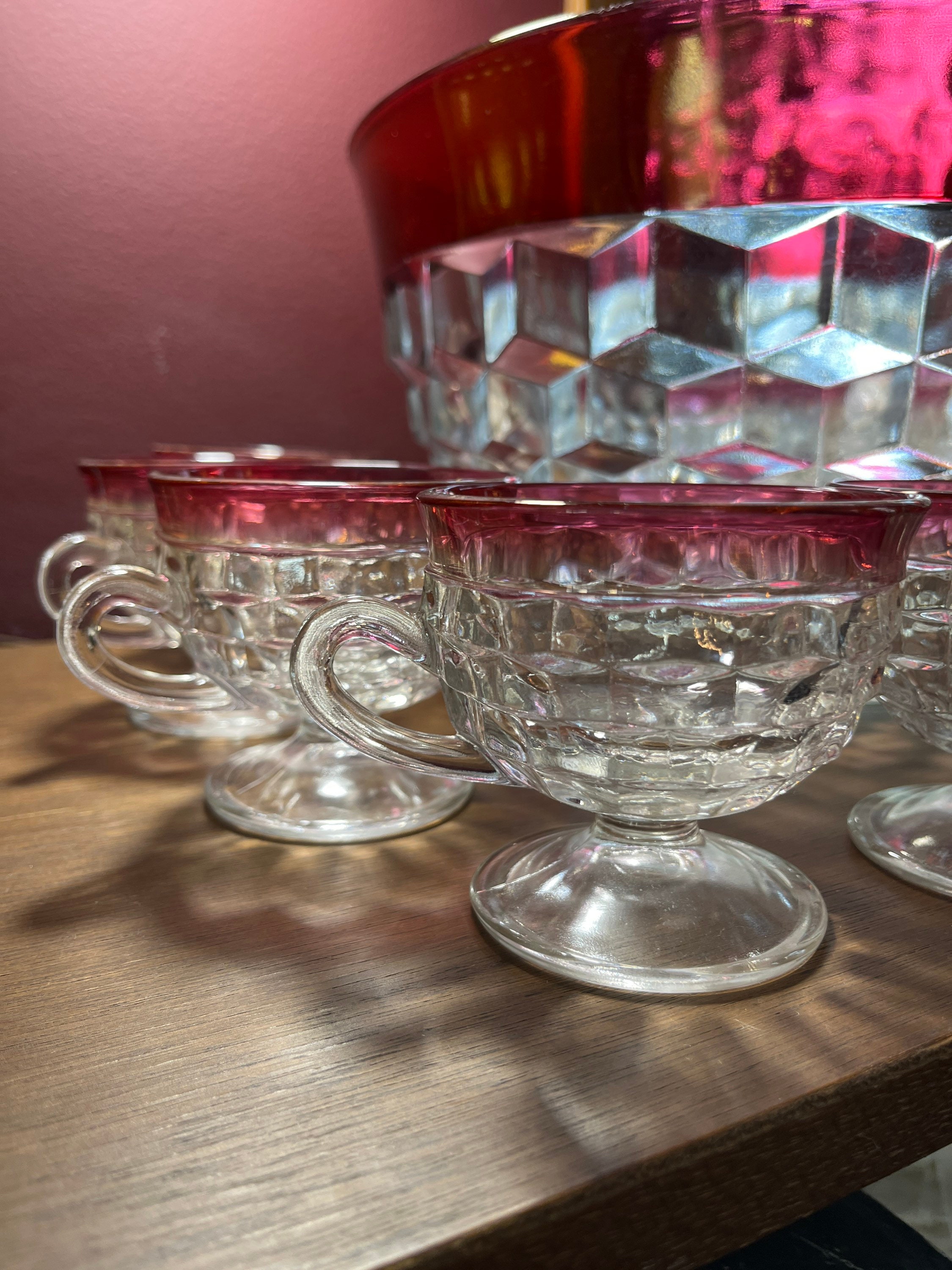 Ruby Red Punch Bowl With 12 White Milk Glass Cups Indiana Glass