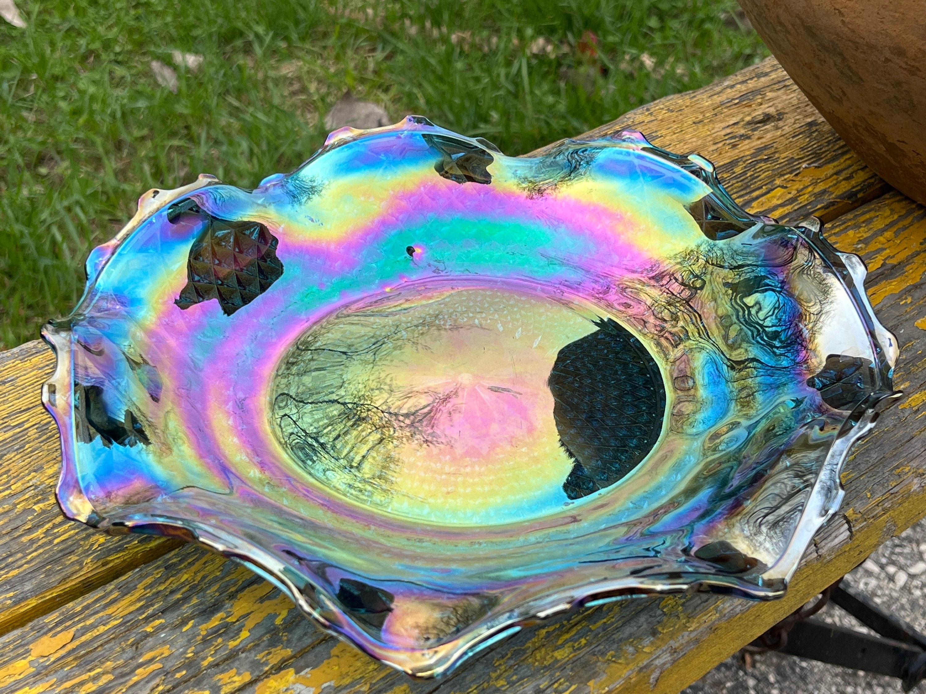 Vintage Indiana Glass Iridescent Bowl: Blue Diamond Point Ruffled 