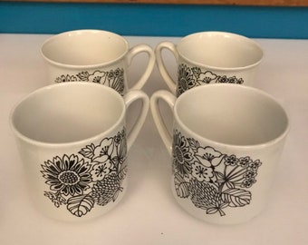 Set of 4 Vintage, Manitou, teacup, Dinnerware, Grindley, Ironstone, England, dishwasher safe, no saucer, tea cup, black and white, floral