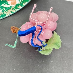 Glass Grapes, Pink Coloured,  Hard Glass Group of Grapes and Leaves, Tableware, Vintage, Home Kitchen Decor