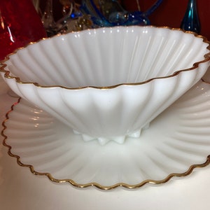 Anchor Hocking Rachel Pattern Bowl and Plate Ribbed Vintage Art Deco Milk Glass Gold Trim Entertaining Set