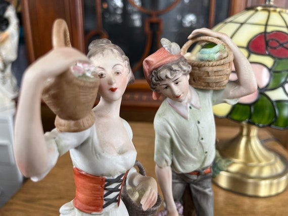Couple Figurines Man/woman Carrying Baskets Flowers Bisque