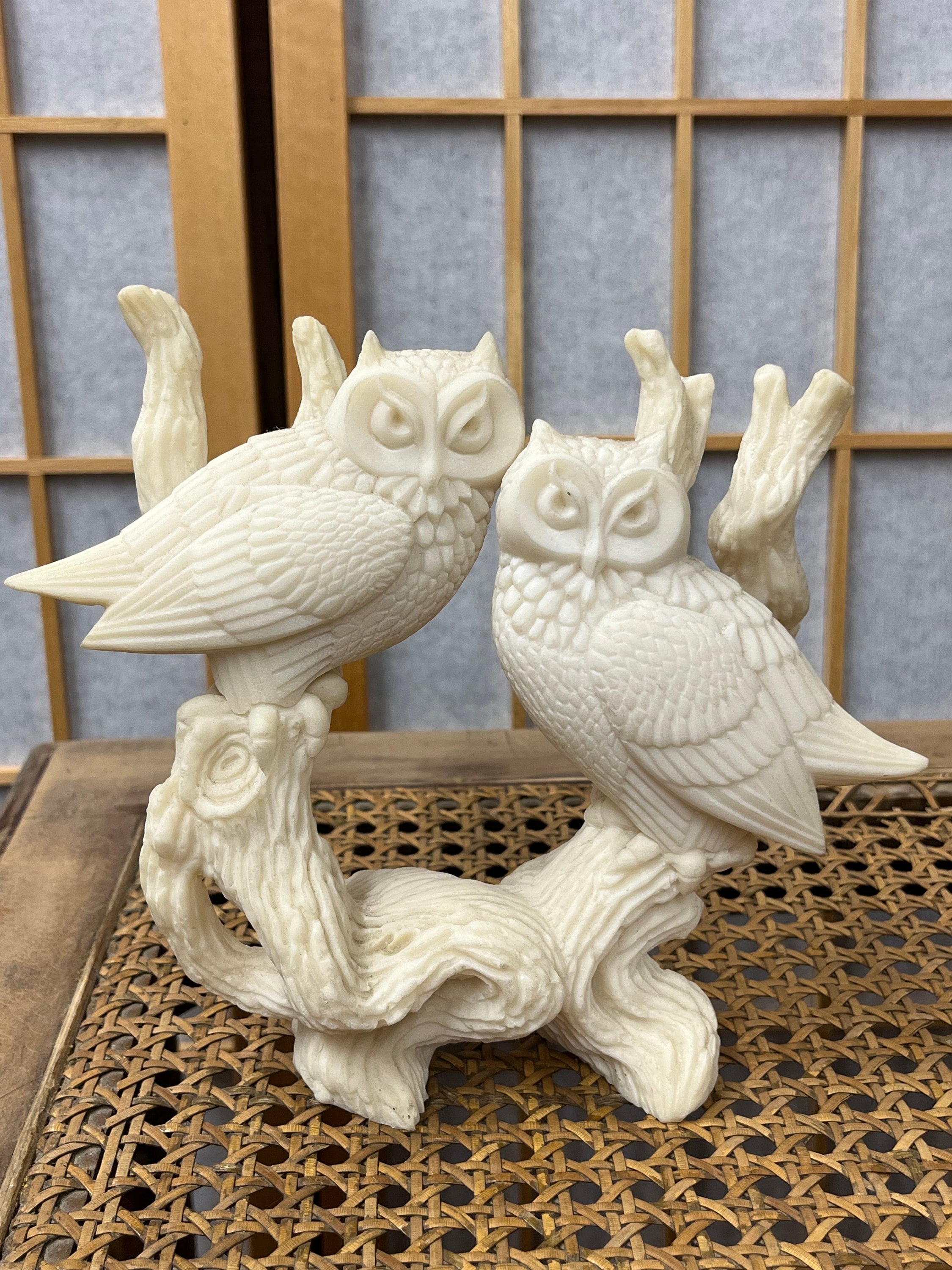 Carved, Owls, Bird Sitting Branch, Vintage, Bird,  Figurine, Collectible,
