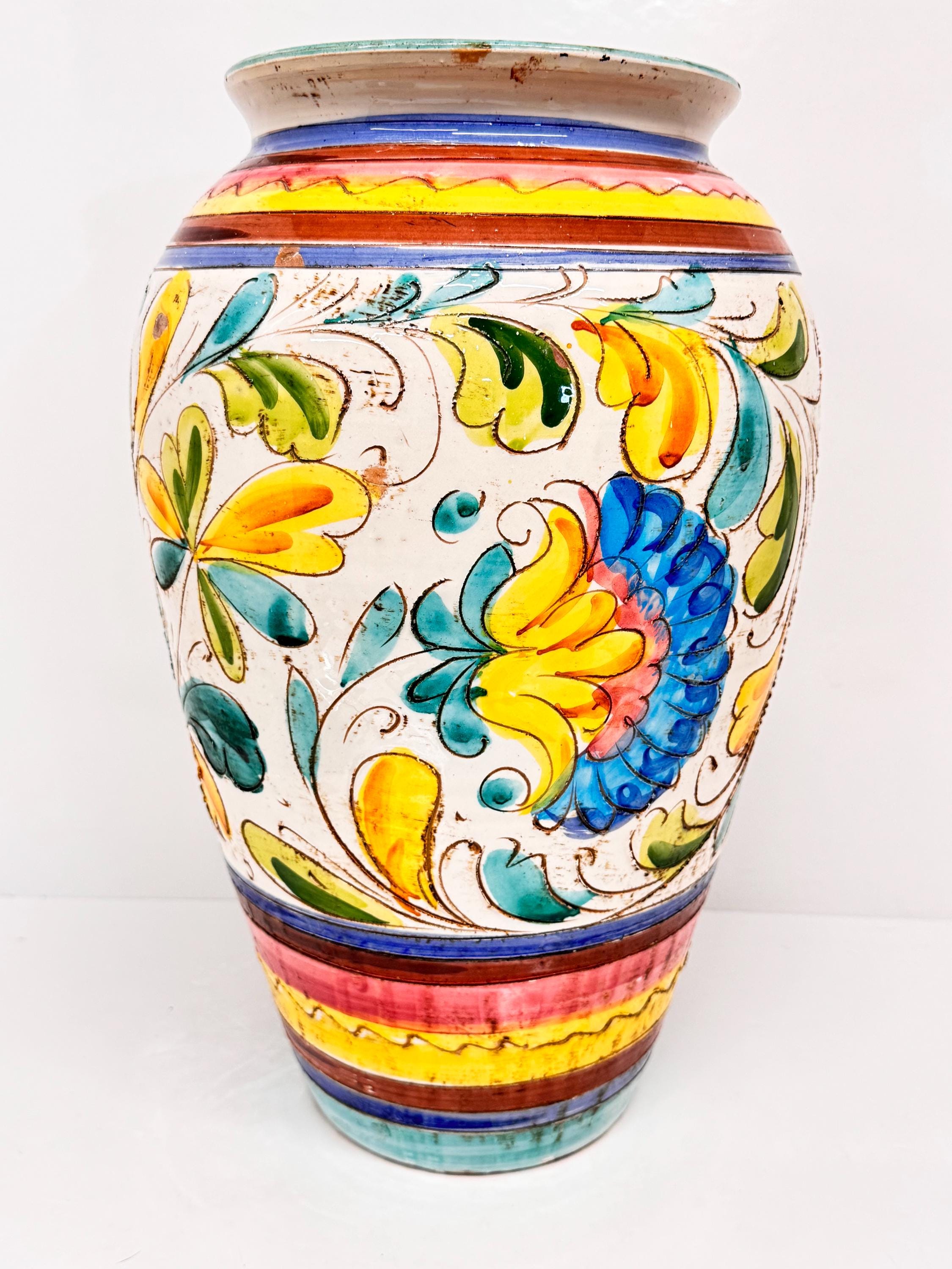 Vintage Italian Majolica Floor Vase: Hand-painted Floral