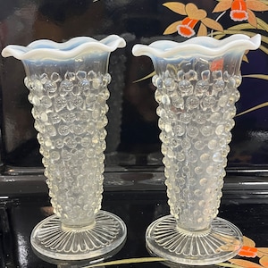 Vases Hobnail Anchor Hocking Fenton Opalescent Moonstone, Hobnail Glass, Milk Glass, Fluted Trumpet Ruffle Vase Vintage Set of 2