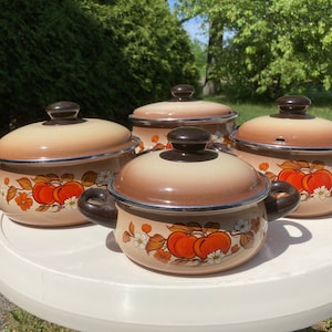 Set of 4, Pots with Lids, 1980s, Enamelware, Roaster, Cookware, Dutch Oven, Apples Flowers, Burnt Orange, Sauce Pan, Retro, Double Handles