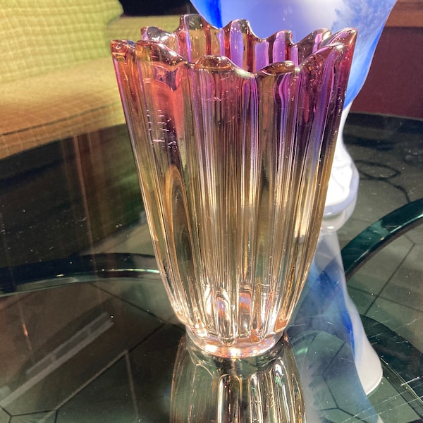 Vase 50s Federal Glass Iridescent Carnival Glass Starburst Atomic "Celestial"Flower Marigold Purple Vintage