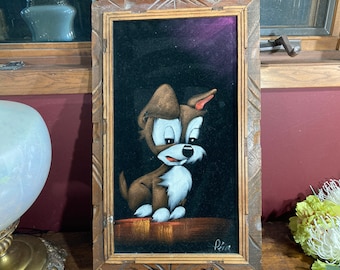 Black Velvet, Dog, Scamp, Framed, Painting, Retro, Signed, Mexico, Lady and the Tramp, Disney, Pop Art,